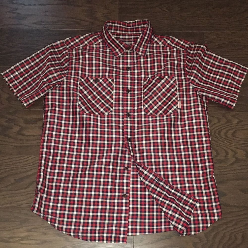 Merrillย opti-wickโWhite Red Check Plaid double pocket SS Trail shirt quick dryโL